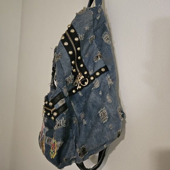 Unique Stunning Backpack. Distressed Soft Denim. Patches. Embroidery Bling Euc - Picture 7 of 13